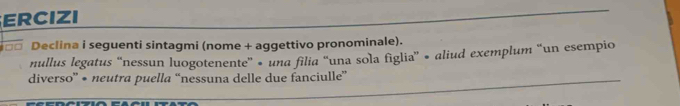 ERCIZI 
□□ Declina i seguenti sintagmi (nome + aggettivo pronominale). 
nullus legatus “nessun luogotenente” • una filia “una sola figlia” • aliud exemplum “un esempio 
diverso' • neutra puella “nessuna delle due fanciulle”