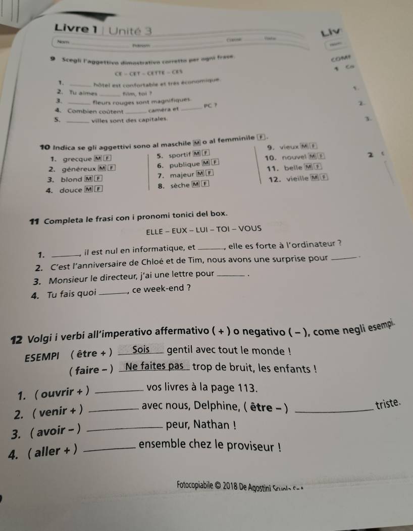 Livre 1  | Unité 3
Claooe _Cot o _Liv
Nam __Tanom_
9 Scegli l'aggettivo dimactrativo corretto per ogn frase
COMT
CE - CET -  CETTE -  GES
1
1. _hôtel est confortable et très économique.
`.
2. Tu aimes _film, toi ?
3. fleurs rouges sont magnifiques
4. Combien coûtent _caméra et _ PC 7 2.
5. _villes sont des capitales
3.
10 Indica se gli aggettivi sono al maschile boxed M o al femminile .
1. grecque M F 5.sportif MF 9. vieux M
2. généreux M 6.publique M F 10. nouvel M 2
3. blond M 7. majeur M F 11. belle M F
4. douce M F 8. sèche M F 12. vieille M
11 Completa le frasi con i pronomi tonici del box.
ELLE - EUX - LUI - TOI - VOUS
1. _, il est nul en informatique, et _, elle es forte à l'ordinateur ?
2. C’est l’anniversaire de Chloé et de Tim, nous avons une surprise pour
3. Monsieur le directeur, j’ai une lettre pour _.
4. Tu fais quoi _, ce week-end ?
12 Volgi i verbi all’imperativo affermativo ( + ) o negativo ( - ), come negli esempi
ESEMPI ( être + ) Sois gentil avec tout le monde !
( faire - ) _Ne faites pas_ trop de bruit, les enfants !
1. ( ouvrir + )_
vos livres à la page 113.
2. ( venir + )_
avec nous, Delphine, ( être - )_
triste.
3. ( avoir - )
_peur, Nathan !
4. ( aller + )_
ensemble chez le proviseur !