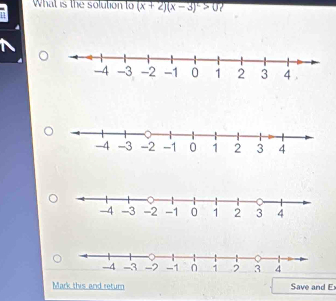 What is the solution to (x+2)(x-3)^2>0
n 
Mark this and return Save and Ex