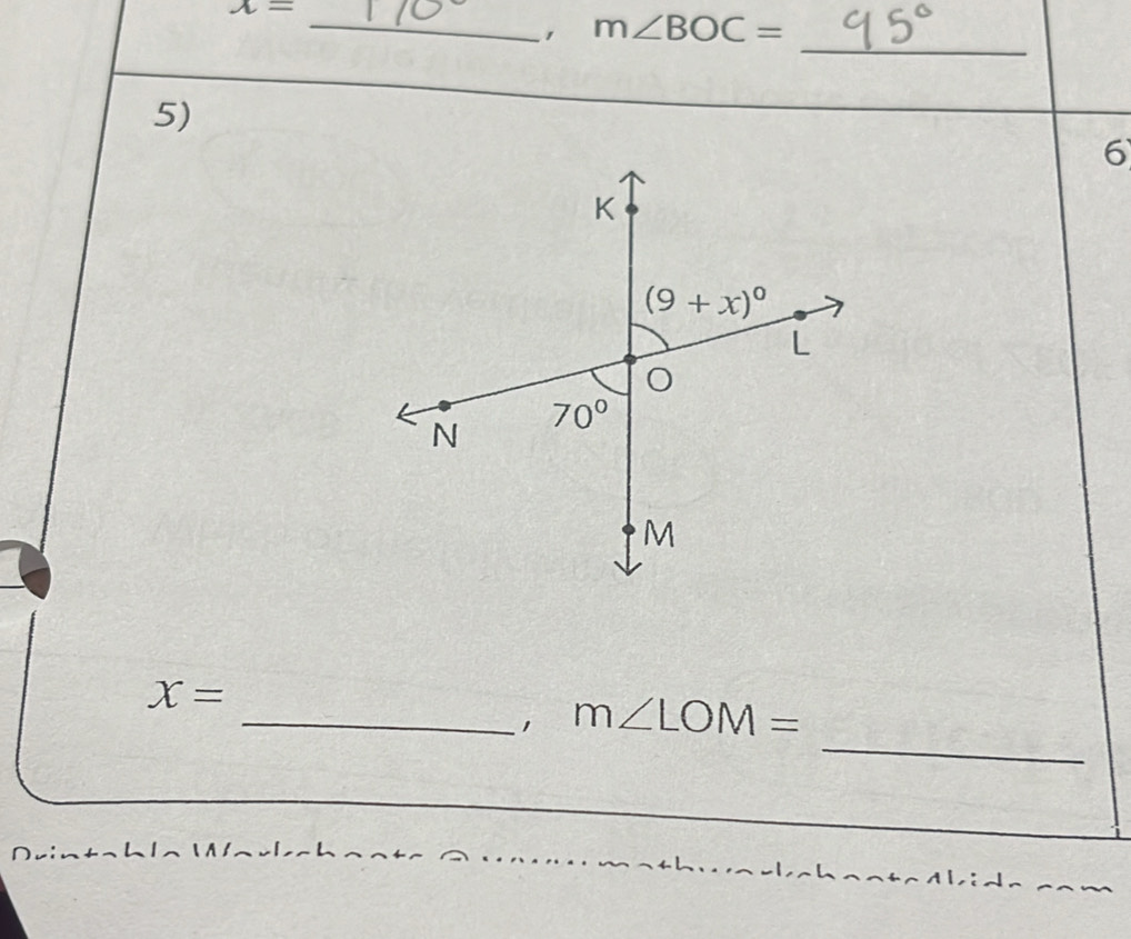 chi =
_, m∠ BOC=
_
5)
6
x=
_
_， m∠ LOM=