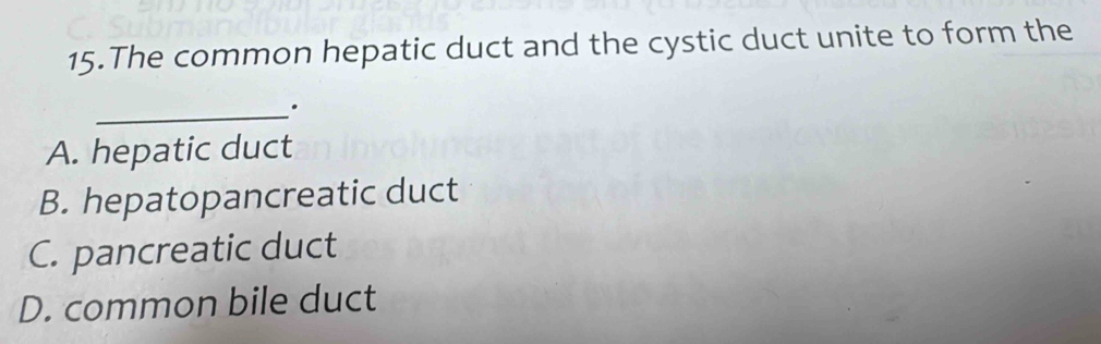 The common hepatic duct and the cystic duct unite to form the
_.
A. hepatic duct
B. hepatopancreatic duct
C. pancreatic duct
D. common bile duct