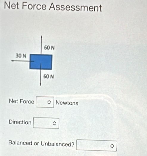 Net Force Assessment 
Net Force □ ^circ  Newtons 
Direction □°
Balanced or Unbalanced? □°