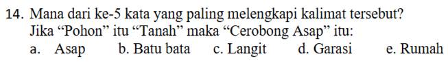 Mana dari ke- 5 kata yang paling melengkapi kalimat tersebut?
Jika “Pohon” itu “Tanah” maka “Cerobong Asap” itu:
a. Asap b. Batu bata c. Langit d. Garasi e. Rumah