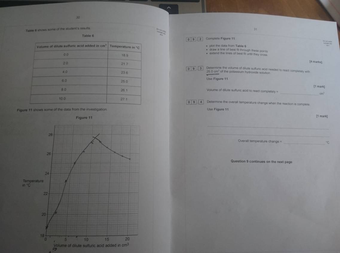 Table 6 shows some of the student's results
 
31
Table 6 Complete Figure 11
0 | 9 2
_
plot the data from Table 6
# draw a line of best fit through these points
• extend the lines of best fit until they cross
[4 marks]
0| 9 . 3  Determine the volume of dilute suffuric acid needed to react completelly with
250cm^3 of the potassium hydroxide solution
Use Figure 11
[1 mark]
_
Volume of dilute sulfuric acid to react completely =
cm^3
4 Determine the overall temperature change when the reaction is complete
0 9
Figure 11 shows some of the data from the investigation. Use Figure 11
Figure 11
[1 mark]
_
_
Overail temperature change = _“C
Question 9 continues on the next page
Temper
in°C
lume of dilute sulfuric acidin