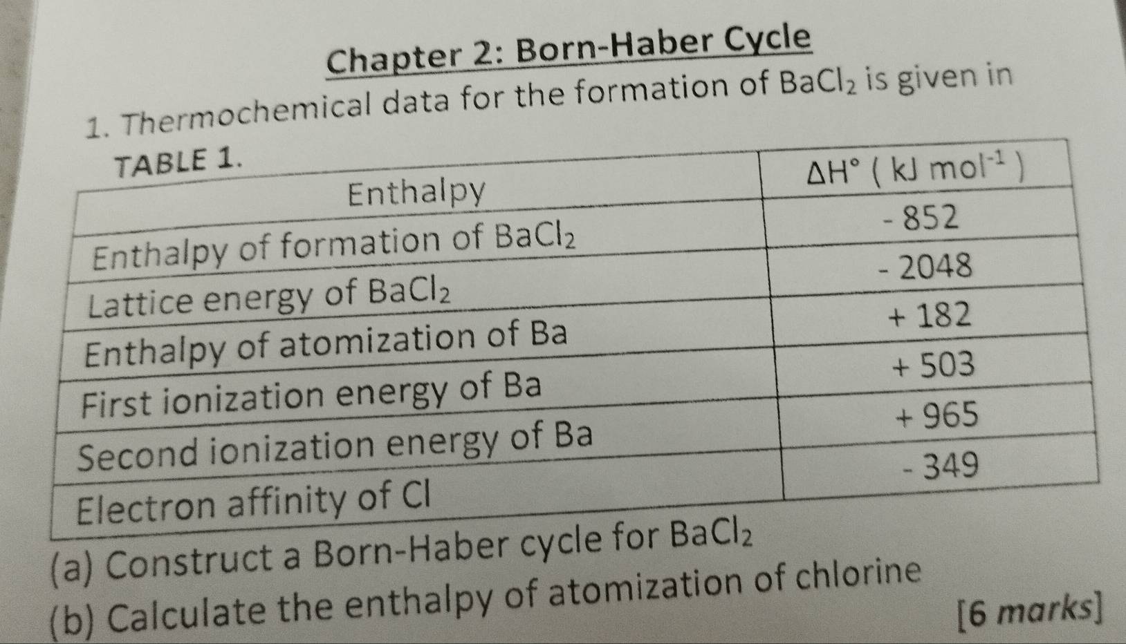 Chapter 2: Born-Haber Cycle
Thermochemical data for the formation of BaCl_2 is given in
(a) Construct a Born-Haber 
(b) Calculate the enthalpy of atomization of chlorine
[6 marks]