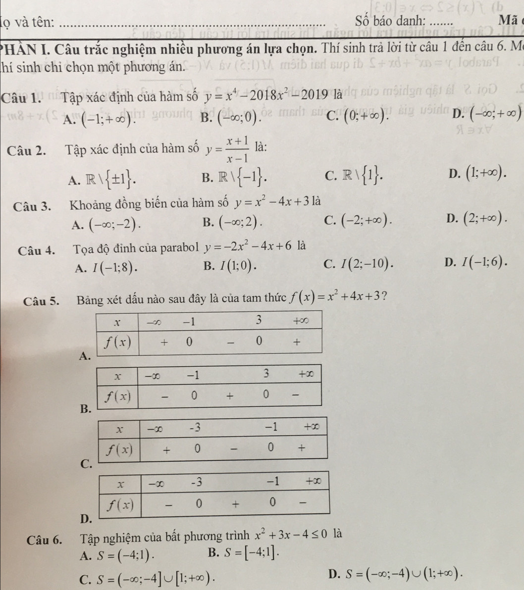 lọ và tên: _Số báo danh: _ Mã
PHẢN I. Câu trắc nghiệm nhiều phương án lựa chọn. Thí sinh trả lời từ câu 1 đến câu 6. Mô
hí sinh chỉ chọn một phương án.
Câu 1. ' Tập xác định của hàm số y=x^4-2018x^2-2019 là
A. (-1;+∈fty ). B. (-∈fty ;0). C. (0;+∈fty ). D. (-∈fty ,+∈fty )
Câu 2. Tập xác định của hàm số y= (x+1)/x-1  là:
A. Rvee  ± 1 . B. Rvee  -1 . C. Rvee  1 . D. (1;+∈fty ).
Câu 3. Khoảng đồng biến của hàm số y=x^2-4x+31a
D.
A. (-∈fty ;-2). (-∈fty ;2). (-2;+∈fty ). (2;+∈fty ).
B.
C.
Câu 4. Tọa độ đinh của parabol y=-2x^2-4x+6 là
C.
A. I(-1;8). I(1;0). I(2;-10). D. I(-1;6).
B.
Câu 5. Bảng xét dấu nào sau đây là của tam thức f(x)=x^2+4x+3 ?
Câu 6. Tập nghiệm của bất phương trình x^2+3x-4≤ 0 là
A. S=(-4;1). B. S=[-4;1].
C. S=(-∈fty ;-4]∪ [1;+∈fty ).
D. S=(-∈fty ;-4)∪ (1;+∈fty ).