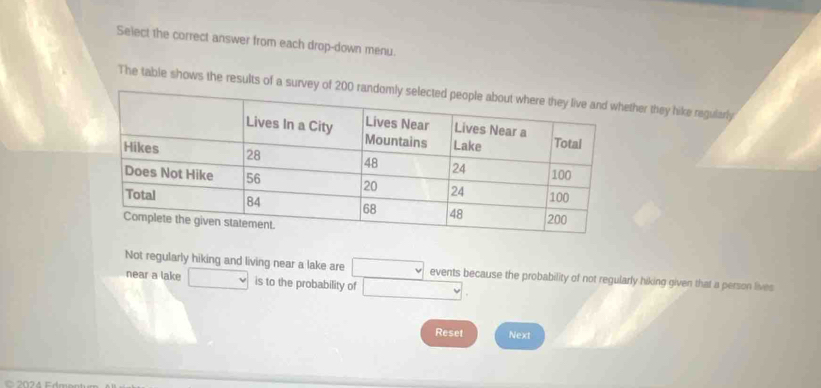 Select the correct answer from each drop-down menu. 
The table shows the results of a survey other they hike regularly 
Not regularly hiking and living near a lake are events because the probability of not regularly hiking given that a person lives 
near a lake is to the probability of 
Reset Next