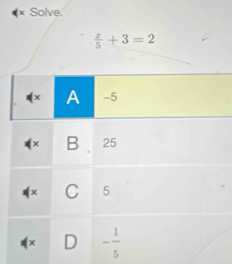 (× Solve.
 x/5 +3=2