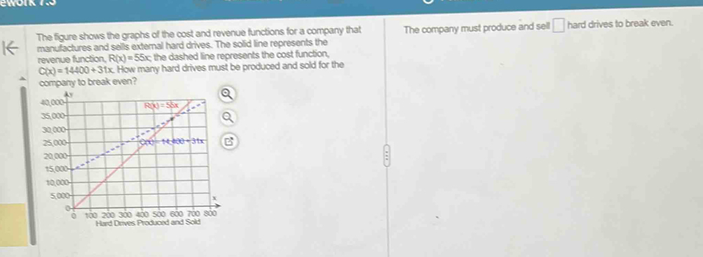 The figure shows the graphs of the cost and revenue functions for a company that The company must produce and sell □ hard drives to break even.
manufactures and sells external hard drives. The solid line represents the
revenue function. R(x)=55x the dashed line represents the cost function,
C(x)=14400+31x. How many hard drives must be produced and sold for the
company to break even?
B
Hard Drives