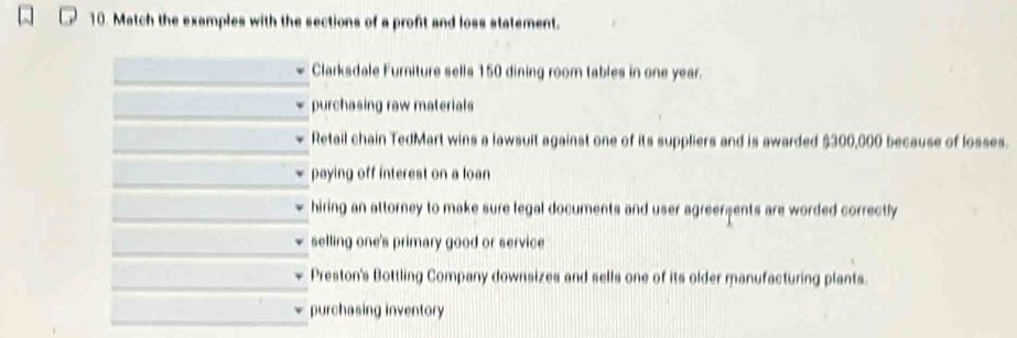 Match the examples with the sections of a proft and loss statement.
Clarksdale Furniture sells 150 dining room tables in one year.
purchasing raw materials
Retail chain TedMart wins a lawsuit against one of its suppliers and is awarded $300,000 because of losses.
paying off interest on a loan
hiring an attorney to make sure legal documents and user agreerents are worded correctly
selling one's primary good or service
Preston's Bottling Company downsizes and sells one of its older manufacturing plants.
purchasing inventory