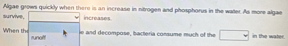 Algae grows quickly when there is an increase in nitrogen and phosphorus in the water. As more algae 
survive, increases. 
When the ie and decompose, bacteria consume much of the □ in the water. 
runoff