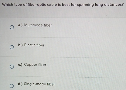 Which type of fiber-optic cable is best for spanning long distances?
a.) Multimode fiber
b.) Plastic fiber
c.) Copper fiber
d.) Single-mode fiber