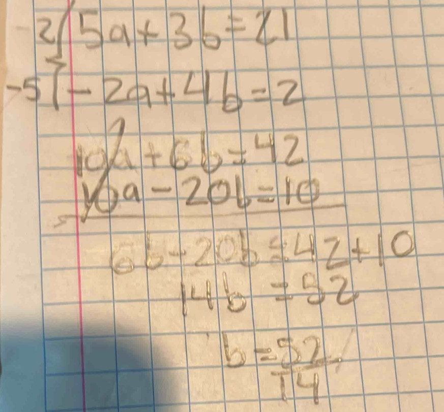 beginarrayr 2(5a+3b=21 -5(-2a+4b=2endarray
beginarrayr 10a+6b=42 10a-20b=10endarray
6b-20b=4z+10
14b=52
b= 52/14 