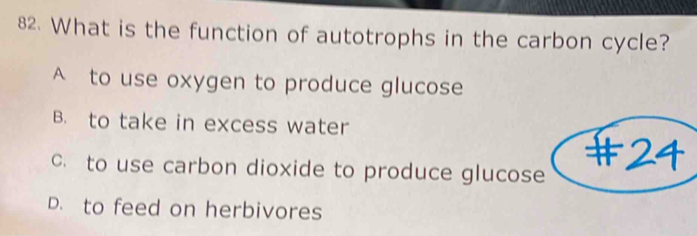 What is the function of autotrophs in the carbon cycle?
A to use oxygen to produce glucose
B. to take in excess water
C. to use carbon dioxide to produce glucose
D. to feed on herbivores