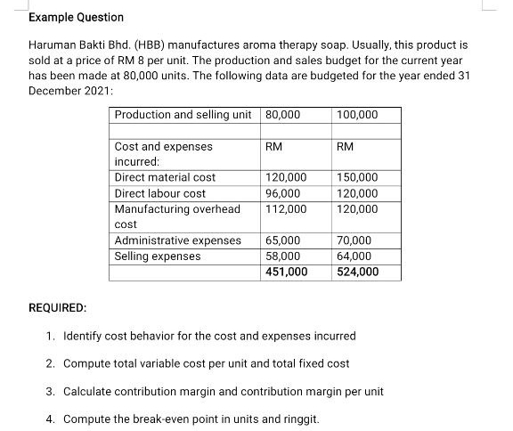 Example Question 
Haruman Bakti Bhd. (HBB) manufactures aroma therapy soap. Usually, this product is 
sold at a price of RM 8 per unit. The production and sales budget for the current year
has been made at 80,000 units. The following data are budgeted for the year ended 31 
December 2021: 
REQUIRED: 
1. Identify cost behavior for the cost and expenses incurred 
2. Compute total variable cost per unit and total fixed cost 
3. Calculate contribution margin and contribution margin per unit 
4. Compute the break-even point in units and ringgit.