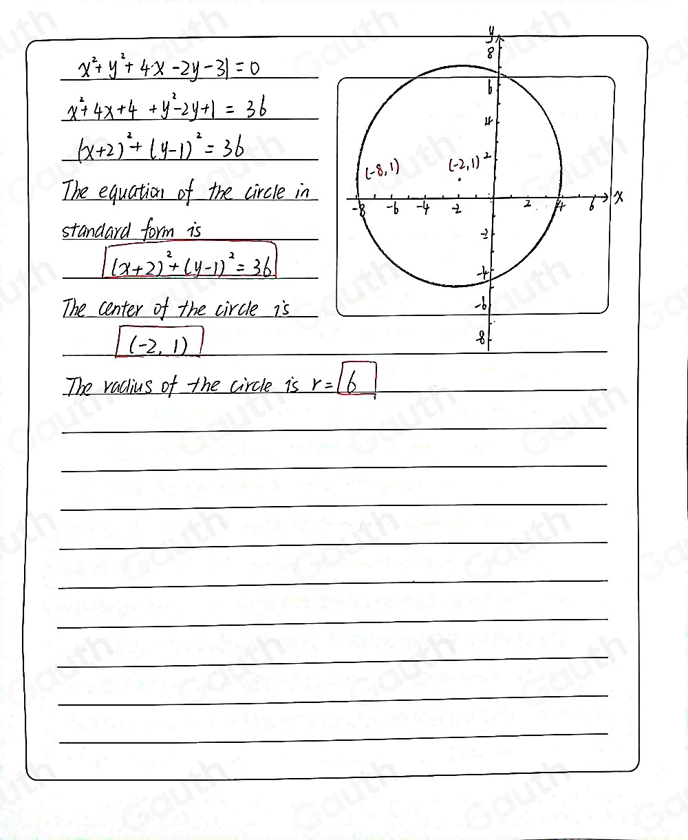 x^2+y^2+4x-2y-31=0
x^2+4x+4+y^2-2y+1=36
(x+2)^2+(y-1)^2=36
The equation of the circle in 
standard form is
(x+2)^2+(y-1)^2=36
The center of the circle is
boxed (-2,1)
The raclius of the circle is r=boxed 6