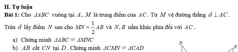 Tự luận 
Bài 1: Cho △ ABC vuông tại A, M là trung điểm của AC. Từ M vẽ đường thẳng d⊥ AC. 
Trên đ lấy điểm N sao cho MN= 1/2 AB và N, B nằm khác phía đối với AC. 
a) Chứng minh △ ABC∽ △ MNC
b) AB cắt CN tại D. Chứng minh △ CMN^(∈fty)△ CAD
E