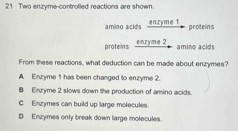 Two enzyme-controlled reactions are shown.
amino acids enzyme 1
proteins
proteins enzyme 2
amino acids
From these reactions, what deduction can be made about enzymes?
A Enzyme 1 has been changed to enzyme 2.
B Enzyme 2 slows down the production of amino acids.
CEnzymes can build up large molecules.
D Enzymes only break down large molecules.