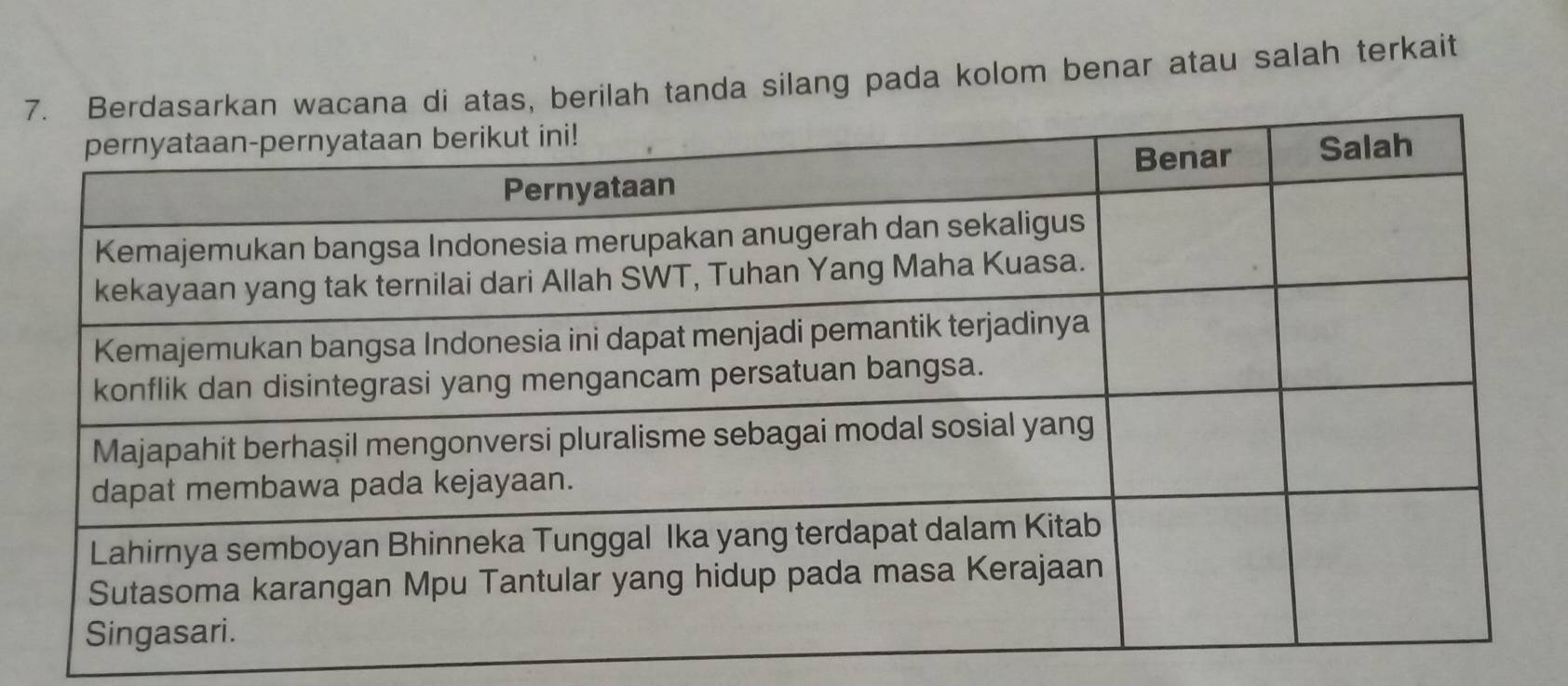 berilah tanda silang pada kolom benar atau salah terkait