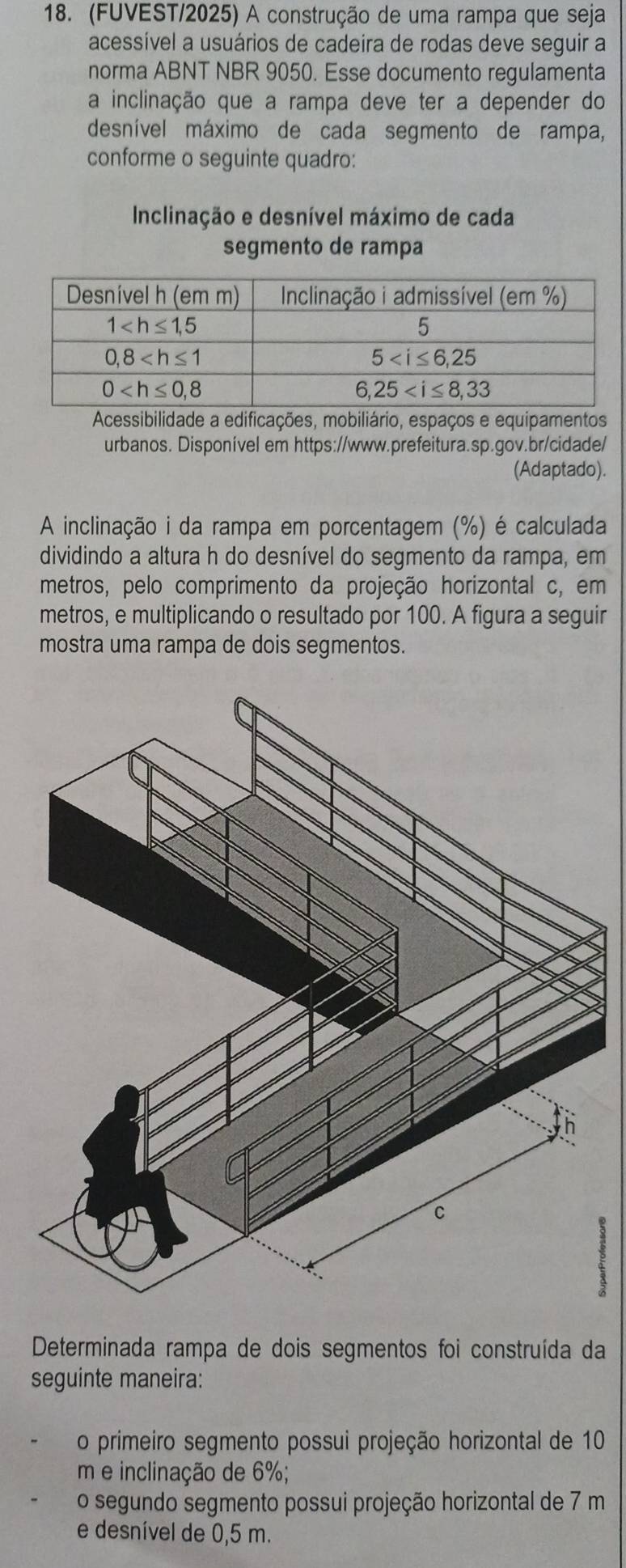 (FUVEST/2025) A construção de uma rampa que seja
acessível a usuários de cadeira de rodas deve seguir a
norma ABNT NBR 9050. Esse documento regulamenta
a inclinação que a rampa deve ter a depender do
desnível máximo de cada segmento de rampa,
conforme o seguinte quadro:
Inclinação e desnível máximo de cada
segmento de rampa
Acessibilidade a edificações, mobiliário, espaços e equipamentos
urbanos. Disponível em https://www.prefeitura.sp.gov.br/cidade/
(Adaptado).
A inclinação i da rampa em porcentagem (%) é calculada
dividindo a altura h do desnível do segmento da rampa, em
metros, pelo comprimento da projeção horizontal c, em
metros, e multiplicando o resultado por 100. A figura a seguir
mostra uma rampa de dois segmentos.
Determinada rampa de dois segmentos foi construída da
seguinte maneira:
o primeiro segmento possui projeção horizontal de 10
m e inclinação de 6%;
o segundo segmento possui projeção horizontal de 7 m
e desnível de 0,5 m.