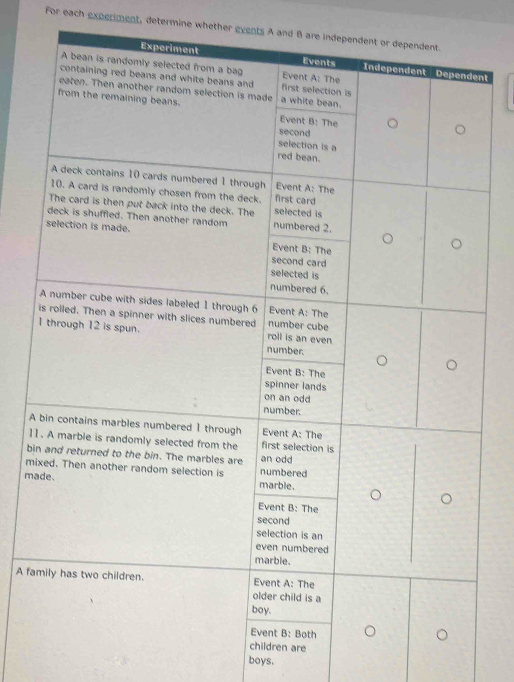 For each experiment, determine whether events A and B
nt
A
1 
b
m
m 
A fa 
re 
boys.