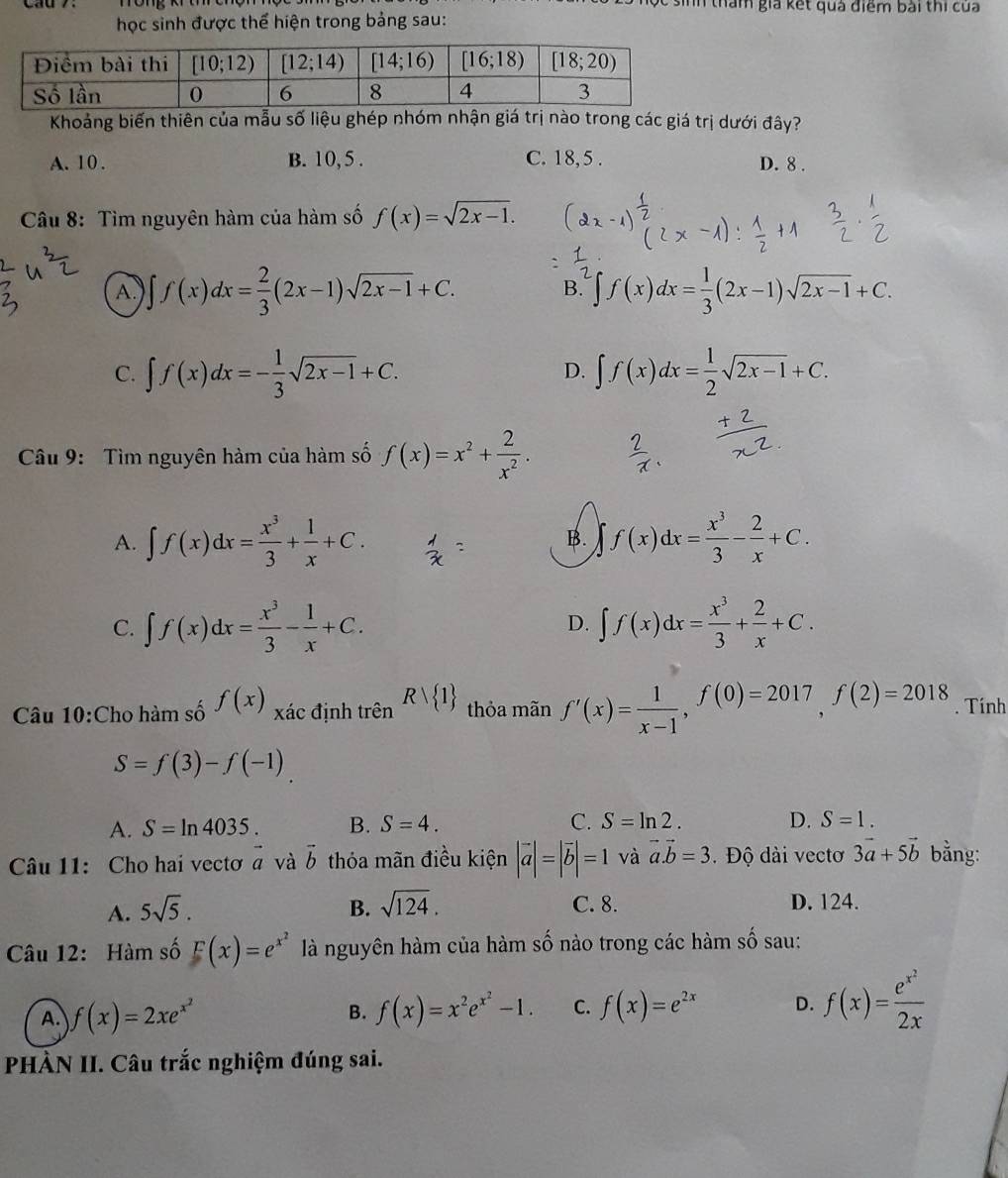 Csinh tham gia kết quả điểm bài thi của
học sinh được thể hiện trong bảng sau:
Khoảng biến thiên của mẫu số liệu ghép nhóm nhận giá trị nào trong các giá trị dưới đây?
A. 10 . B. 10, 5 . C. 18, 5 . D. 8 .
Câu 8: Tìm nguyên hàm của hàm số f(x)=sqrt(2x-1).
A. ∈t f(x)dx= 2/3 (2x-1)sqrt(2x-1)+C. B. ∈t f(x)dx= 1/3 (2x-1)sqrt(2x-1)+C.
C. ∈t f(x)dx=- 1/3 sqrt(2x-1)+C. ∈t f(x)dx= 1/2 sqrt(2x-1)+C.
D.
Câu 9: Tìm nguyên hàm của hàm số f(x)=x^2+ 2/x^2 .
A. ∈t f(x)dx= x^3/3 + 1/x +C. f(x)dx= x^3/3 - 2/x +C.
B.
C. ∈t f(x)dx= x^3/3 - 1/x +C. D. ∈t f(x)dx= x^3/3 + 2/x +C.
Câu 10:Cho hàm số f(x) xác định trên Rvee  1 thỏa mãn f'(x)= 1/x-1 ,f(0)=2017,f(2)=2018. Tính
S=f(3)-f(-1)
A. S=ln 4035. B. S=4. C. S=ln 2. D. S=1.
Câu 11: Cho hai vectơ @ và vector b thỏa mãn điều kiện |vector a|=|vector b|=1 và vector a.vector b=3 Độ dài vectơ 3vector a+5vector b bằng:
A. 5sqrt(5). B. sqrt(124). C. 8. D. 124.
Câu 12: Hàm số F(x)=e^(x^2) là nguyên hàm của hàm số nào trong các hàm số sau:
A. f(x)=2xe^(x^2) B. f(x)=x^2e^(x^2)-1. C. f(x)=e^(2x) D. f(x)=frac e^(x^2)2x
PHÀN II. Câu trắc nghiệm đúng sai.