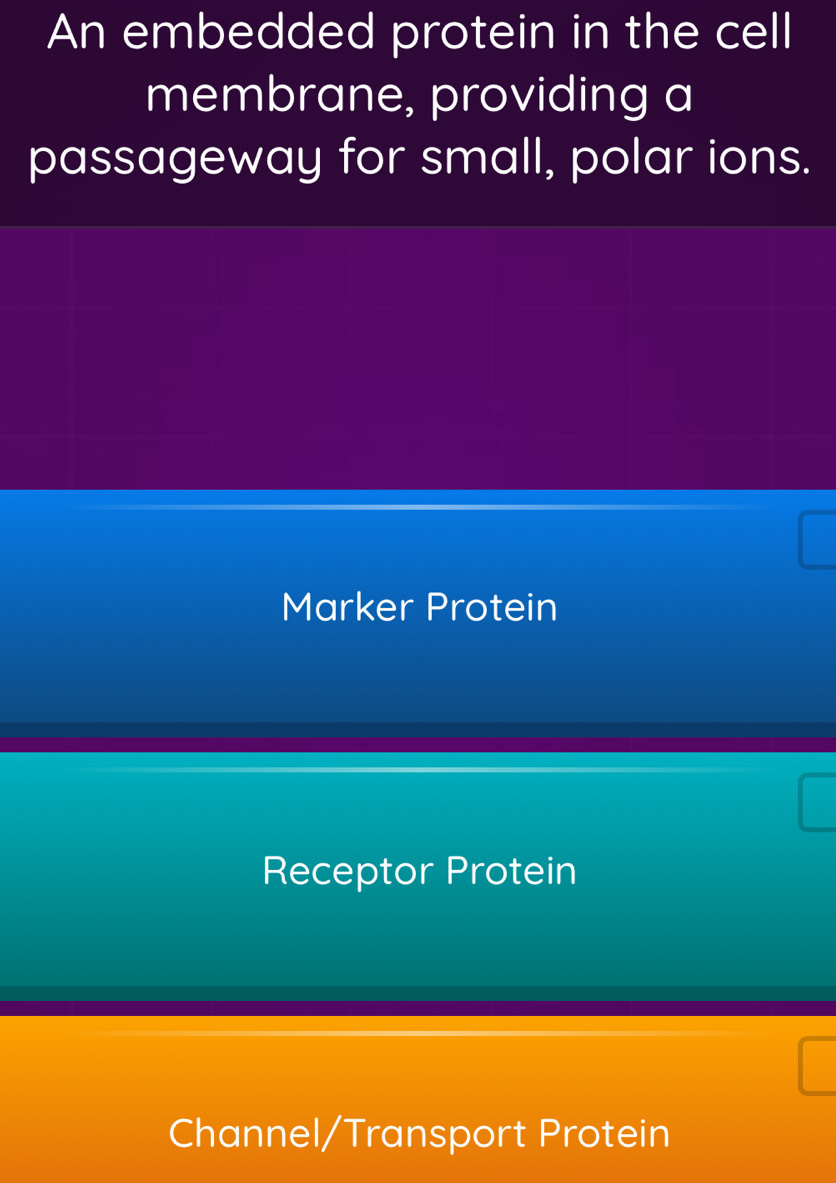 An embedded protein in the cell
membrane, providing a
passageway for small, polar ions.
Marker Protein
Receptor Protein
Channel/Transport Protein