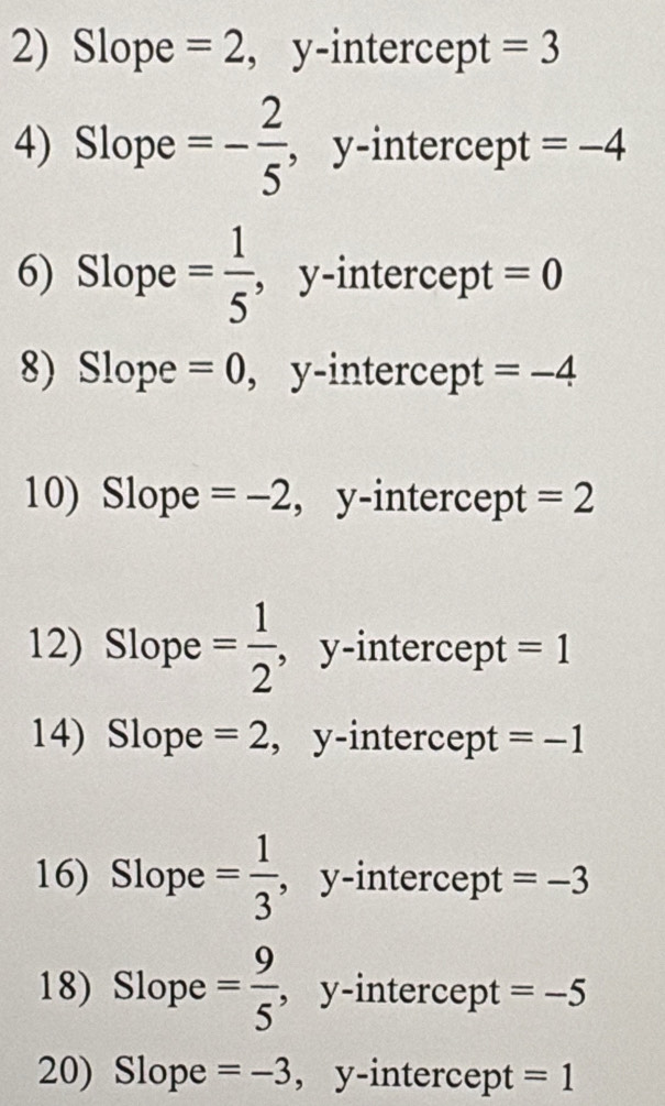 Slope =2 , y-intercept =3
4) Slope =- 2/5  , y-intercept =-4
6) Slope = 1/5  , y-intercept =0
8) Slope =0 , y-intercept =-4
10) Slope =-2 , y-intercept =2
12) Slope = 1/2  , y-intercept =1
14) Slope =2 , y-intercept =-1
16) Slope = 1/3  , y-intercept =-3
18) Slope = 9/5  , y-intercept =-5
20) Slope =-3 , y-intercept =1