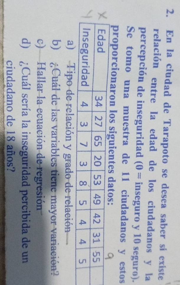 En la ciudad de Tarapoto se desea saber si existe 
relación entre la edad de los ciudadanos y la 
percepción de inseguridad (0= inseguro y 10 seguro). 
Se tomo una muestra de 11 ciudadanos y estos 
proporcionaro 
a) Tipo de relación y grado de relación 
b) ¿Cuál de las variables tiene mayor variación? 
c) Hallar la ecuación de regresión 
d) ¿Cuál sería la inseguridad percibida de un 
ciudadano de 18 años?