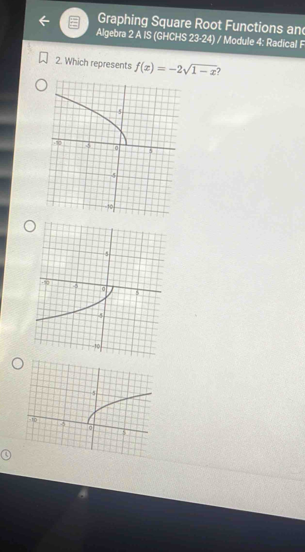 Graphing Square Root Functions and 
Algebra 2 A IS (GHCHS 23-24) / Module 4: Radical F 
2. Which represents f(x)=-2sqrt(1-x) 2