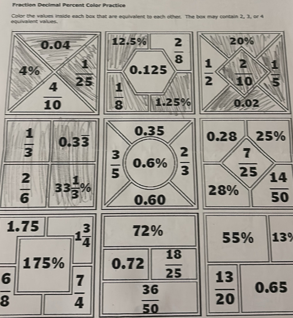 Fraction Decimal Percent Color Practice
Color the values inside each box that are equivalent to each other. The box may contain 2, 3, or 4
eq
%
 14/50 
1
13º
 6/8  5
 36/50 