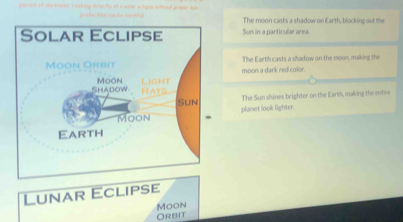 paried af dorkness. Looking directly af a solor eclipse without proper sye
The moon casts a shadow on Earth, blocking out the
Sun in a particular area.
The Earth casts a shadow on the moon, making the
moon a dark red color.
The Sun shines brighter on the Earth, making the entire
planet look lighter.
Lunar Eclipse
Moon
ORbiT