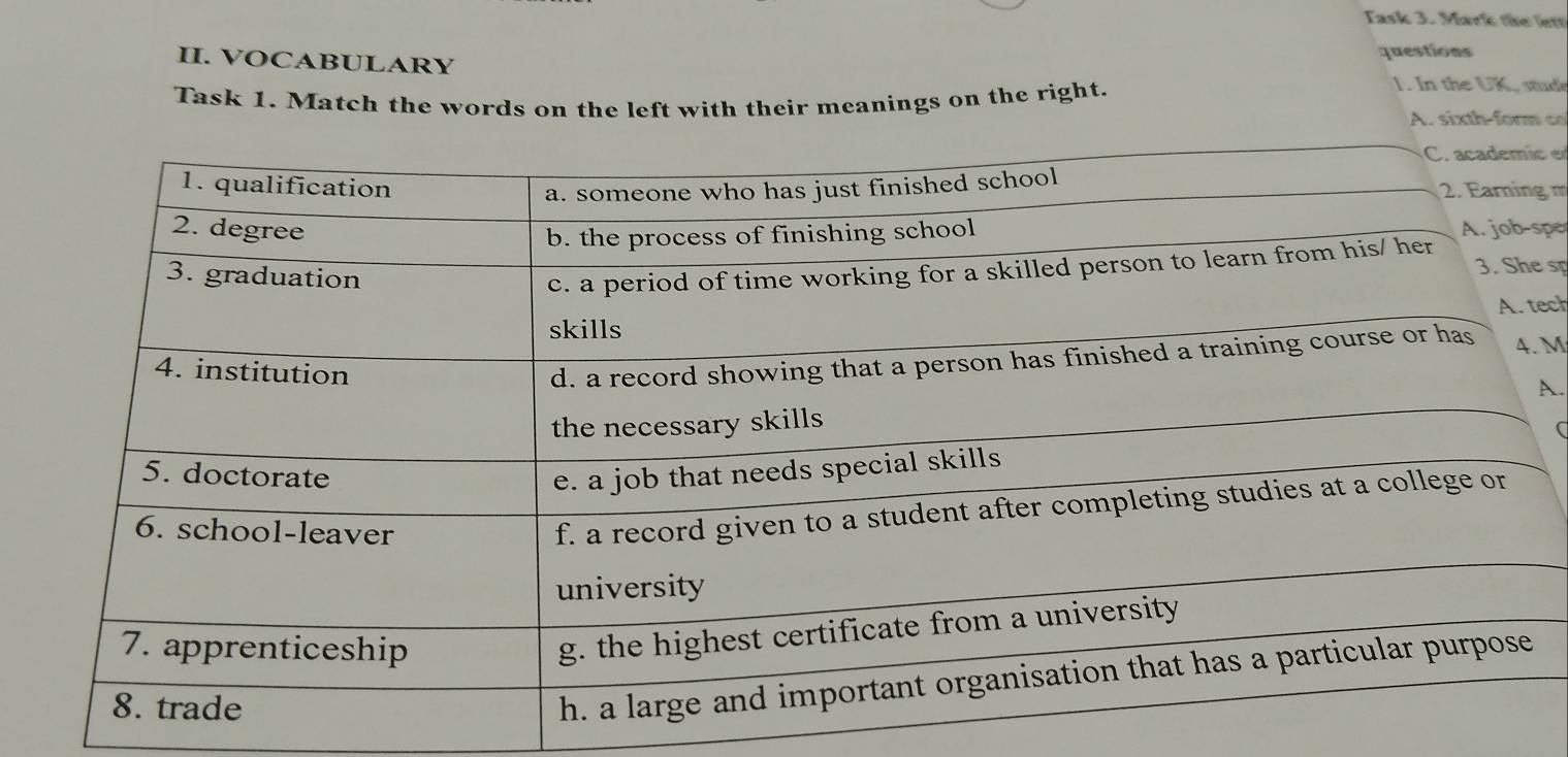 Task 3. Mark the let 
II. VOCABULARY questions 
Task 1. Match the words on the left with their meanings on the right. 
1. In the UK, stude 
A. sixth-form co 
c 
g m 
spe 
e sp 
ech 
M 
A.