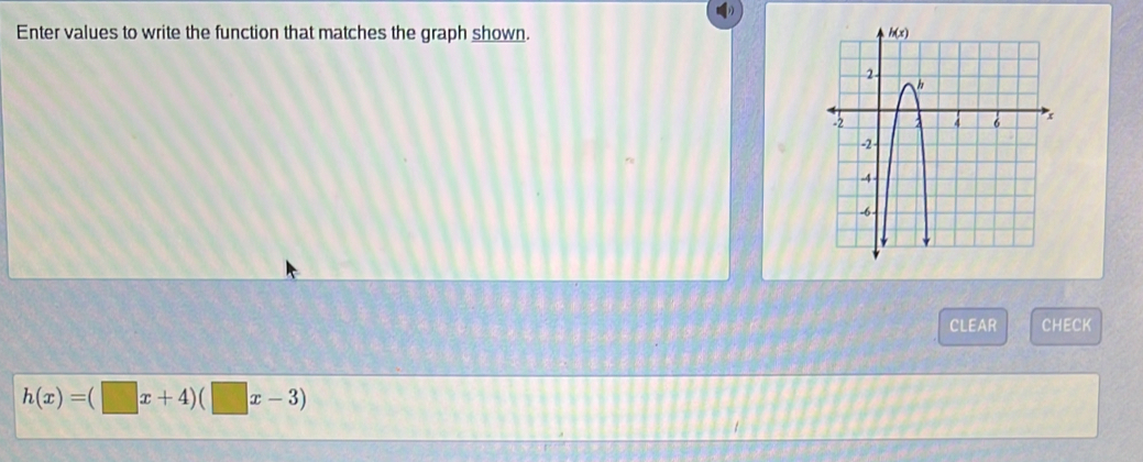 Enter values to write the function that matches the graph shown. 
CLEAR CHECK
h(x)=(□ x+4)(□ x-3)