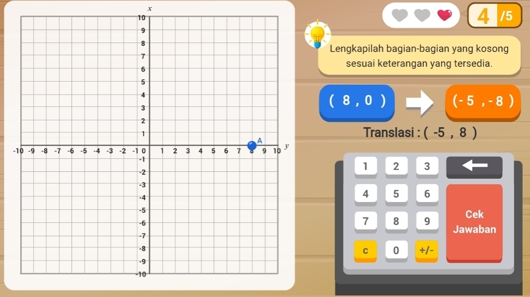 4 /5 
Lengkapilah bagian-bagian yang kosong 
sesuai keterangan yang tersedia.
(8,0)
(-5,-8)
Translasi : (-5,8)
-
1 2 3
4 5 6
Cek
7 8 9 Jawaban 
C 0 +/-