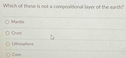 Which of these is not a compositional layer of the earth?
Mantle
Crust
Lithosphere
Core