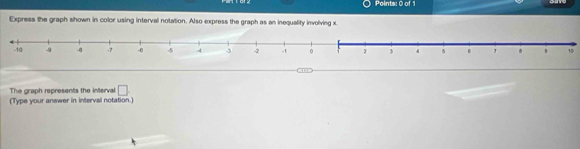 Express the graph shown in color using interval notation. Also express the graph as an inequality involving x
-10 -9 -8 -7 -6 -5 -4 -3 -2 -1 。 2 3 4 5 B 7 B 9 to 
The graph represents the interval □. 
(Type your answer in interval notation.)