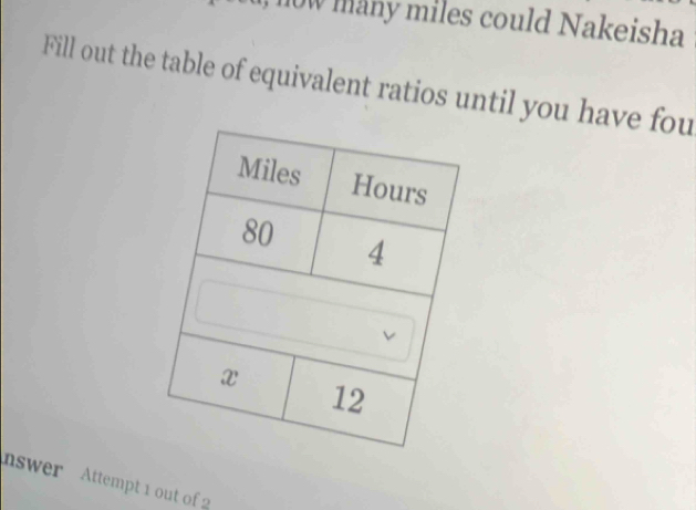 now many miles could Nakeisha 
Fill out the table of equivalent ratios until you have fou 
swer Attempt 1 out of 2