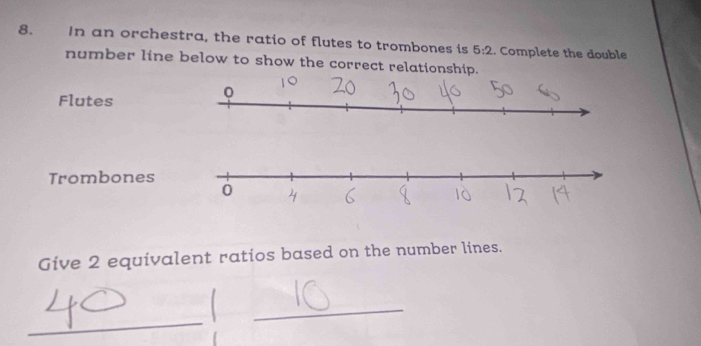 In an orchestra, the ratio of flutes to trombones is 5:2. Complete the double 
number line below to show the correct relationship. 
Flutes 
Trombones 
Give 2 equivalent ratios based on the number lines. 
_ 
_