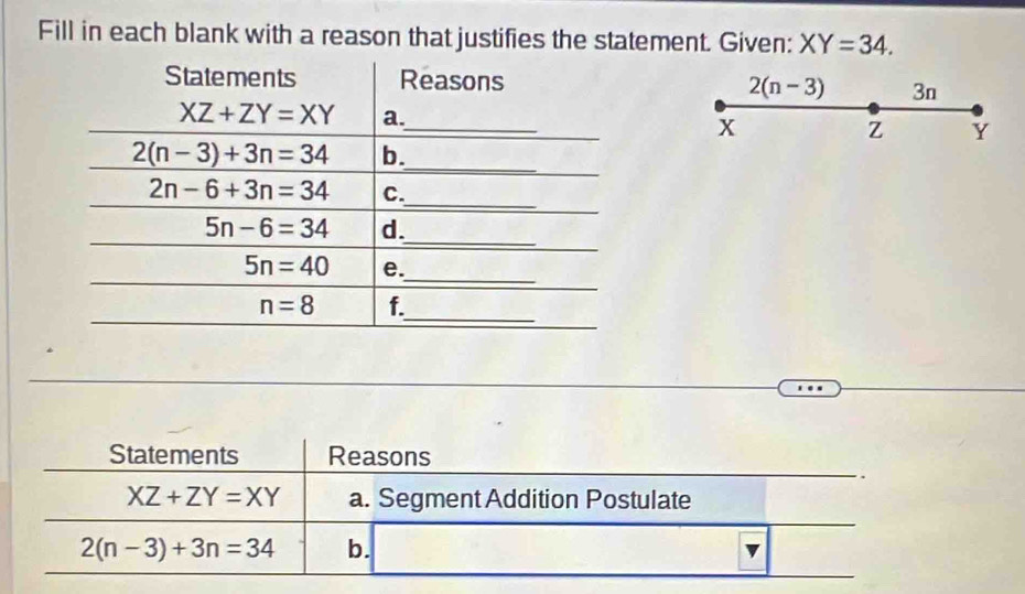 Fill in each blank with a reason that justifies the statement. Given: XY=34.
2(n-3) 3n
x z Y
Statements Reasons
XZ+ZY=XY a. Segment Addition Postulate
2(n-3)+3n=34 b. □