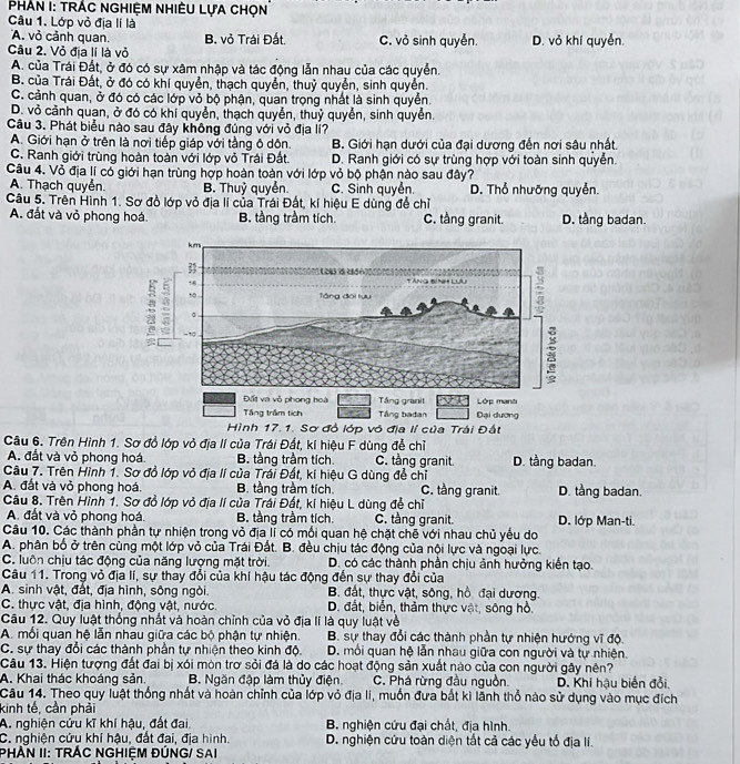 PHản I: TRÁc NGHiệm NHiÊU LựA Chọn
Câu 1. Lớp vỏ địa lí là
A. vỏ cảnh quan, B. vỏ Trái Đất.
Câu 2. Vỏ địa lí là vỏ C. vỏ sinh quyển. D. vỏ khí quyễn.
A. của Trái Đất, ở đó có sự xâm nhập và tác động lẫn nhau của các quyển.
B. của Trái Đất, ở đó có khí quyển, thạch quyển, thuỷ quyển, sinh quyển.
C. cảnh quan, ở đó có các lớp vỏ bộ phận, quan trọng nhất là sinh quyển.
D. vỏ cảnh quan, ở đó có khí quyển, thạch quyển, thuỷ quyển, sinh quyển.
Câu 3. Phát biểu nào sau đây không đủng với vỏ địa li?
A. Giới hạn ở trên là nơi tiếp giáp với tầng ô dôn. B. Giới hạn dưới của đại dương đến nơi sâu nhất.
C. Ranh giới trùng hoàn toàn với lớp vỏ Trái Đất D. Ranh giới có sự trùng hợp với toàn sinh quyển.
Câu 4. Vỏ địa lí có giới hạn trùng hợp hoàn toàn với lớp vỏ bộ phận nào sau đây?
A. Thạch quyễn. B. Thuỷ quyển. C. Sinh quyển. D. Thổ nhưỡng quyễn.
Câu 5. Trên Hình 1. Sơ đồ lớp vỏ địa lí của Trái Đất, kí hiệu E dùng để chỉ
A. đắt và vỏ phong hoá B. tầng trầm tích. C. tầng granit. D. tầng badan.
Câu 6. Trên Hình 1. Sơ đồ lớp vỏ địa lí của Trái Đất, kí hiệu F dùng đễ chỉ
A. đất và vỏ phong hoá B. tầng trầm tích. C. tầng granit. D. tầng badan.
Câu 7. Trên Hình 1. Sơ đồ lớp vỏ địa lí của Trái Đất, kí hiệu G dùng để chỉ
A. đất và vỏ phong hoá. B. tầng trầm tích. C. tầng granit. D. tång badan.
Câu 8. Trên Hình 1. Sơ đồ lớp vỏ địa lí của Trái Đất, kí hiệu L dùng đễ chỉ
A. đất và vỏ phong hoá. B. tầng trầm tích. C. tàng granit.
Câu 10. Các thành phần tự nhiện trong vỏ địa lí có mối quan hệ chặt chẽ với nhau chủ yếu do D. lớp Man-ti.
A. phân bổ ở trên cùng một lớp vỏ của Trái Đất. B. đều chịu tác động của nội lực và ngoại lực.
C. luôn chịu tác động của năng lượng mặt trời.  D. có các thành phần chịu ảnh hưởng kiến tạo.
Câu 11. Trong vỏ địa lí, sự thay đổi của khí hậu tác động đến sự thay đổi của
A. sinh vật, đất, địa hình, sông ngòi. B. đất, thực vật, sông, hồ, đại dương.
C. thực vật, địa hình, động vật, nước. D. đắt, biển, thảm thực vật, sông hồ.
Câu 12. Quy luật thống nhất và hoàn chỉnh của vỏ địa II là quy luật về
A. mỗi quan hệ lẫn nhau giữa các bộ phận tự nhiện. B. sự thay đổi các thành phần tự nhiện hướng vĩ độ
C. sự thay đổi các thành phần tự nhiện theo kinh độ. D. môi quan hệ lẫn nhau giữa con người và tự nhiện.
Câu 13. Hiện tượng đất đai bị xói mòn trơ sỏi đá là do các hoạt động sản xuất nào của con người gây nên?
A. Khai thác khoáng sản. B. Ngăn đập làm thủy điện. C. Phá rừng đầu nguồn.
Cầu 14. Theo quy luật thống nhất và hoàn chỉnh của lớp vỏ địa li, muồn đưa bắt kì lãnh thổ nào sử dụng vào mục đích D. Khí hậu biển đổi
kinh tế, cần phải
A. nghiện cứu kĩ khí hậu, đất đai  B. nghiện cứu đại chất, địa hình.
C. nghiện cứu khí hậu, đất đai, địa hình. D. nghiện cứu toàn diện tắt cả các yểu tổ địa li.
PHAN II: TRÁC NGHIỆM ĐÚNG/ SAI