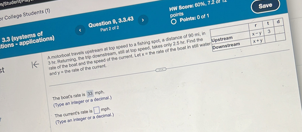 n/Student  l u  
Save
HW Score: 60%, 7.2 of 12
or College Students (1)
3.3 (systems of Question 9, 3.3.43 > points
tions - applications) Part 2 of 2 Points: 0 o
A motorboat travels upstream at top speed to a fishing spot, a distance of 90 mi, i
rate of the boat and the speed of the current. Let x= the rate of the boat in still w
t 3 hr. Returning, the trip downstream, still at top speed, takes only 2.5 hr. Find the
and y= the rate of the current.
The boat's rate is 33 mph.
(Type an integer or a decimal.)
The current's rate is □ mph.
(Type an integer or a decimal.)