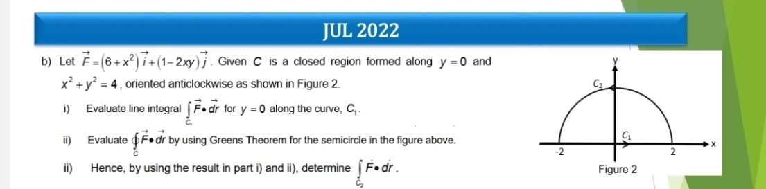 JUL 2022
b) Let vector F=(6+x^2)vector i+(1-2xy)vector j. Given C is a closed region formed along y=0 and
x^2+y^2=4 , oriented anticlockwise as shown in Figure 2. 
i) Evaluate line integral ∈tlimits _C.vector F· vector dr for y=0 along the curve, C_1.
ii) Evaluate ∈tlimits _cvector F· vector dr by using Greens Theorem for the semicircle in the figure above.
ii) Hence, by using the result in part i) and ii), determine ∈tlimits _C_2F· dr.