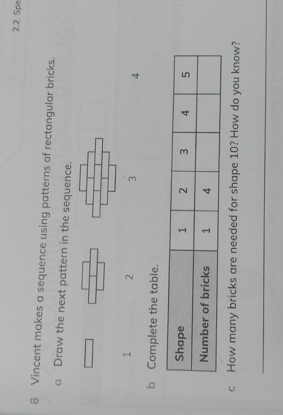 2.2 Spe 
8 Vincent makes a sequence using patterns of rectangular bricks. 
a Draw the next pattern in the sequence. 
1
2
3
4
b Complete the table. 
c How many bricks are needed for shape 10? How do you know? 
_