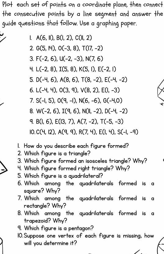 Plot each set of points on a coordinate plane, then connect 
the consecutive points by a line segment and answer the 
guide questions that follow. Use a graphing paper. 
1. A(6,11), B(1,2), C(11,2)
2. G(5,14), O(-3,8), T(17,-2)
3. F(-2,6), U(-2,-3), N(7,6)
4. L(-2,8), I(5,8), K(5,1), E(-2,1)
5. D(-4,6), A(8,6), T(8,-2), E(-4,-2)
6. L(-4,4), O(3,9), V(8,2), E(1,-3)
7. S(-1,5), O(9,-1), N(6,-6), G(-4,0)
8. W(-2,6), I(9,6), N(11,-2), D(-4,-2)
q. B(I,6), E(I3,7), A(7,-2), T(-5,-3)
10. C(4,12), A(9,9), R(7,4), E(1,4), S(-1,-9)
1. How do you describe each figure formed? 
2. Which figure is a triangle? 
3. Which figure formed an isosceles triangle? Why? 
4. Which figure formed right triangle? Why? 
5. Which figure is a quadrilateral? 
6. Which among the quadrilaterals formed is a 
square? Why? 
7.Which among the quadrilaterals formed is a 
rectangle? Why? 
8. Which among the quadrilaterals formed is a 
trapezoid? Why? 
9. Which figure is a pentagon? 
10. Suppose one vertex of each figure is missing, how 
will you determine it?