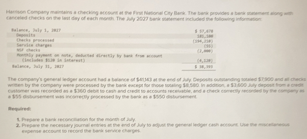 Solved: Harrison Company maintains a checking account at the First ...