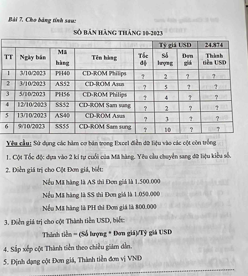 Cho bảng tính sau: 
Sở bán hàng tháng 10-2023 
T 
Yêu cầu: Sử dụng các hàm cơ bản trong Excel điền dữ liệu vào các cột còn trống 
1. Cột Tốc độ: dựa vào 2 kí tự cuối của Mã hàng. Yêu cầu chuyền sang dữ liệu kiều số. 
2. Điền giá trị cho Cột Đơn giá, biết: 
Nếu Mã hàng là AS thì Đơn giá là 1.500.000
Nếu Mã hàng là SS thì Đơn giá là 1.050.000
Nếu Mã hàng là PH thì Đơn giá là 800.000
3. Điền giá trị cho cột Thành tiền USD, biết: 
Thành tiền = (Số lượng * Đơn giá)/Tỷ giá USD 
4. Sắp xếp cột Thành tiền theo chiều giảm dần. 
5. Định dạng cột Đơn giá, Thành tiền đơn vị VNĐ