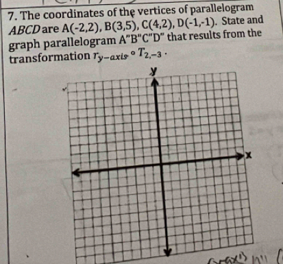 The coordinates of the vertices of parallelogram 
. State and
ABCD are A(-2,2), B(3,5), C(4,2), D(-1,-1) that results from the 
graph parallelogram A''B''C''D''
transformation r_y-axiscirc T_2,-3.