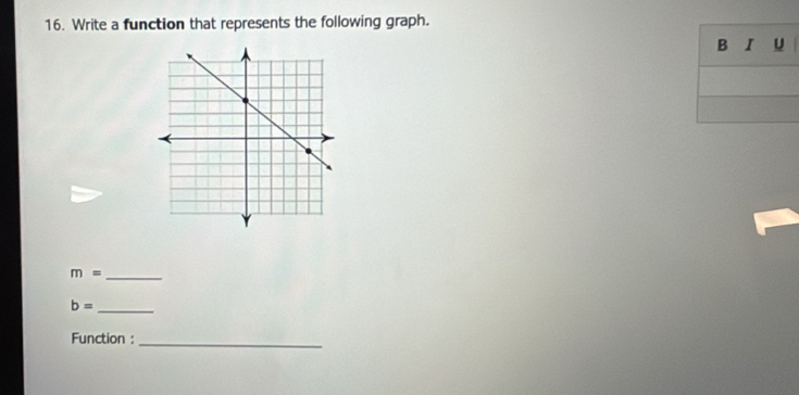 Write a function that represents the following graph.
m= _
b= _ 
Function : 
_