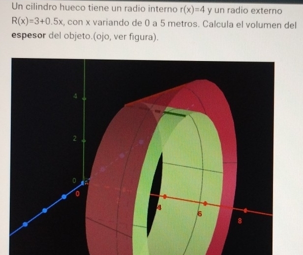 Un cilindro hueco tiene un radio interno r(x)=4 y un radio externo
R(x)=3+0.5x , con x variando de 0 a 5 metros. Calcula el volumen del 
espesor del objeto.(ojo, ver figura).